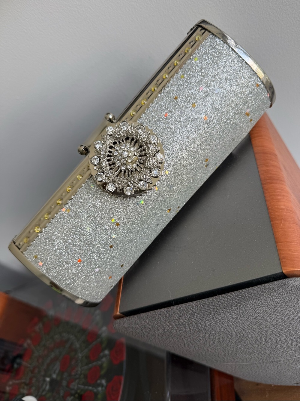 Silver Glitter Crystal-Embellished Evening Clutch - Picture 2 of 8